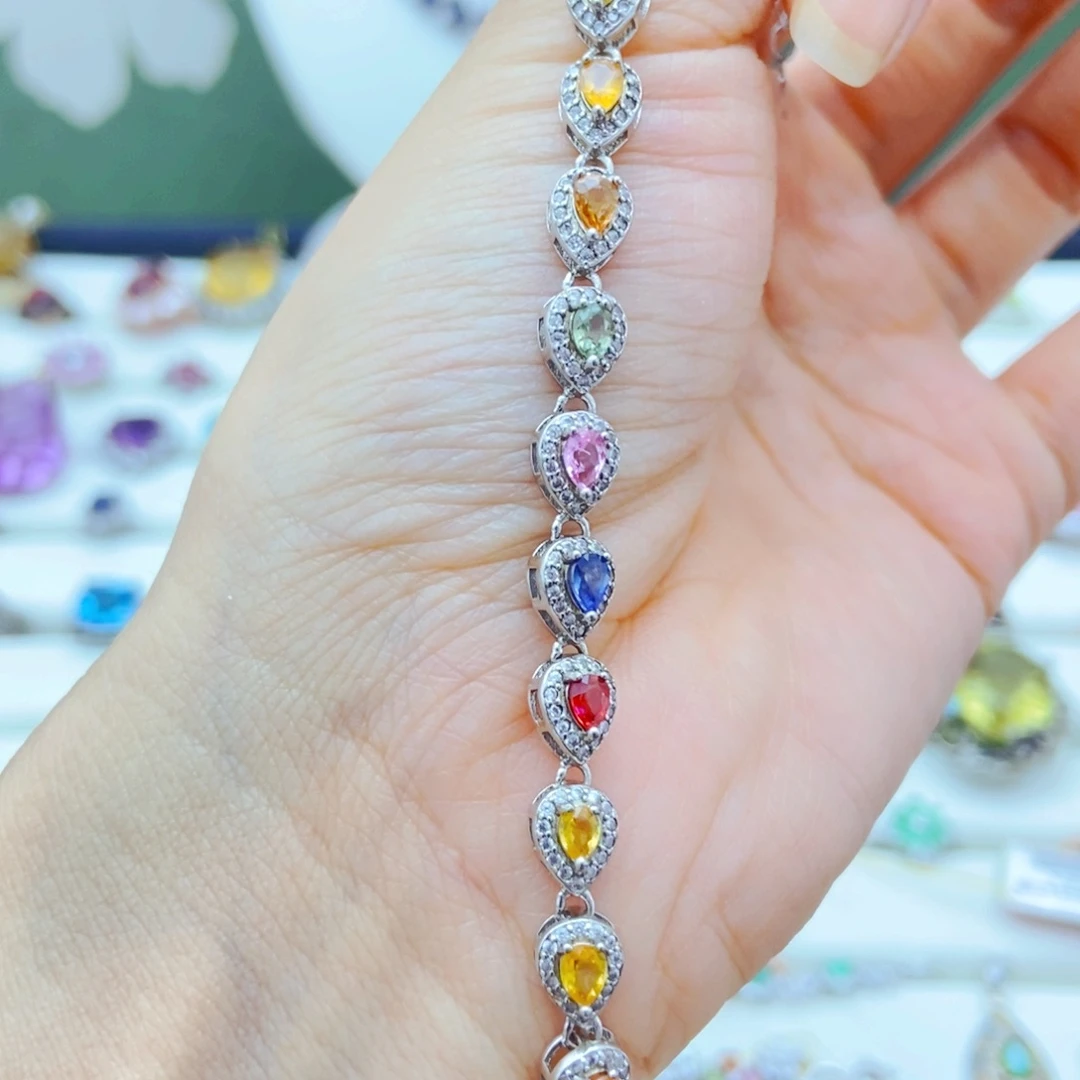 手链彩色蓝宝石银S925镶嵌
