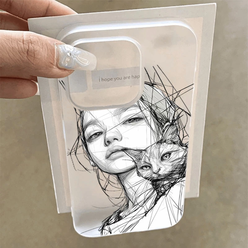 素描女孩与猫适用iphone16promax苹果15手机壳14PLUS软13幻影1211