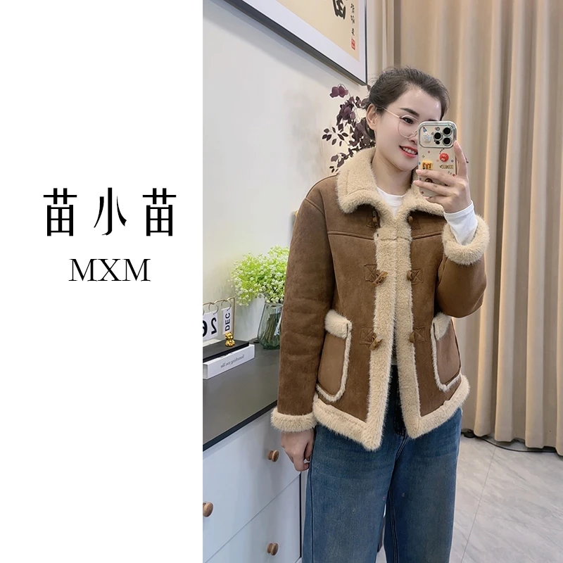 苗小苗洋气皮毛一体外套女短款气质时尚小香风百搭厚款女装翻领