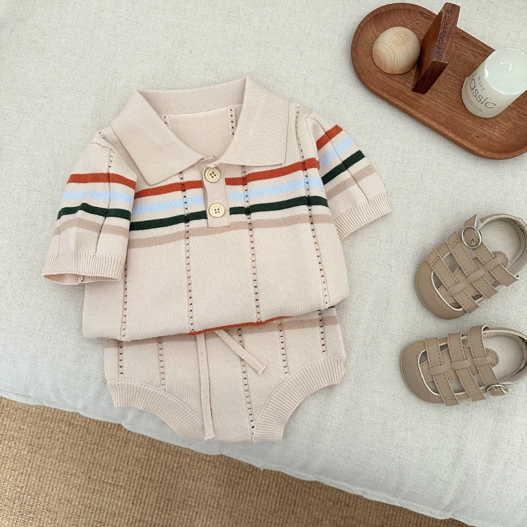 韩版夏季婴儿针织套装洋气男女童时髦薄款彩条POLO衫短袖百搭短裤