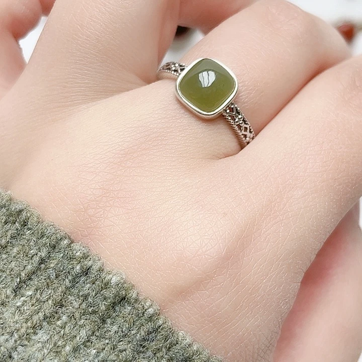 和田玉戒指银S925镶嵌天然