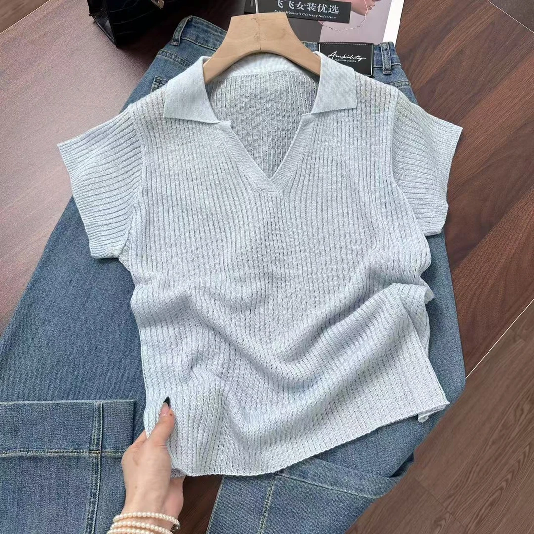 Polo领竖坑条小飞袖~显瘦一绝！气质拉满极简风大方针织衫Y7399