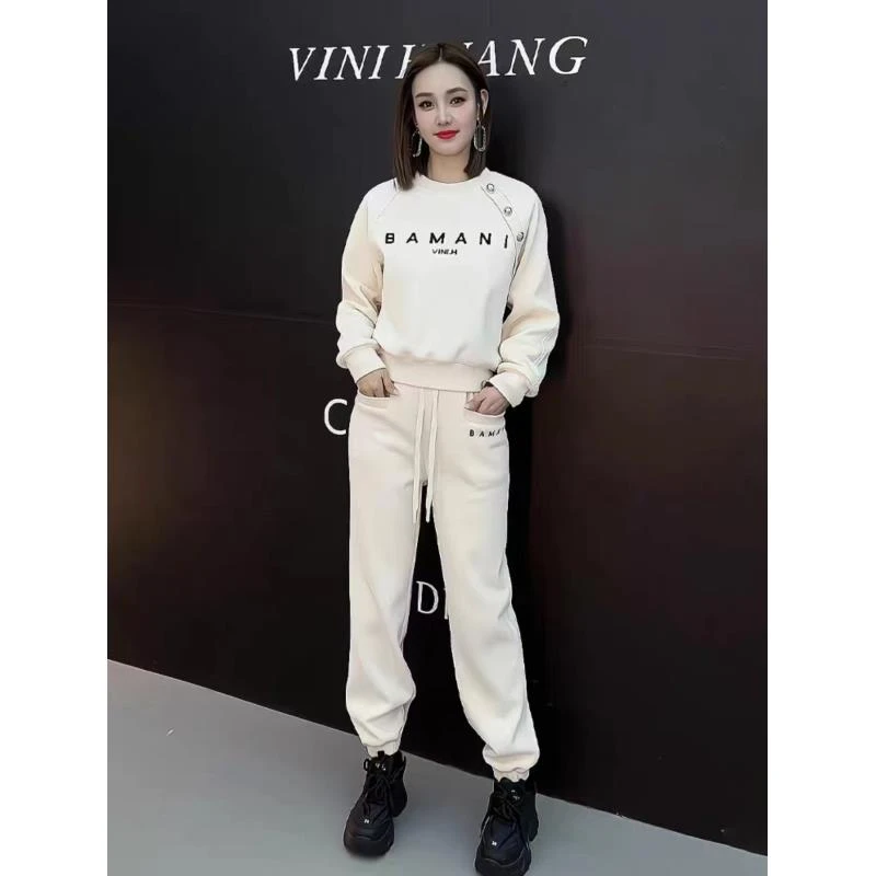 欧货流行时尚套装女冬季字母印花圆领卫衣束脚裤两件套