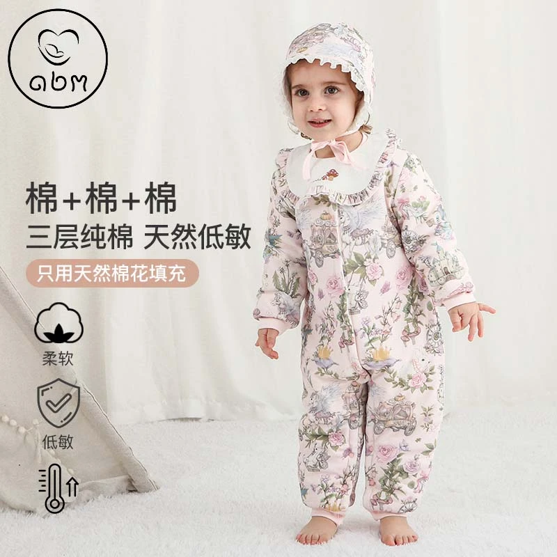 夹棉连体衣加厚保暖连身衣新生婴儿爬婴儿婴幼儿冬季加厚连体衣
