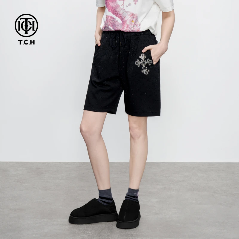 TCH轻奢烫钻工艺印花字母十字架休闲五分短裤女T75B216036私服tch