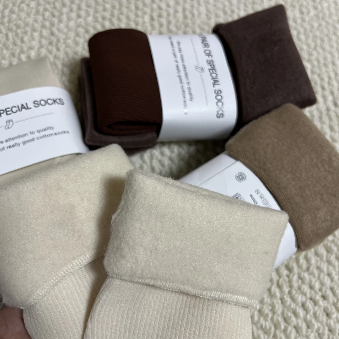 纯欲风极简纯色条纹羊绒袜加绒加厚雪地袜冬季保暖防滑中筒袜长袜