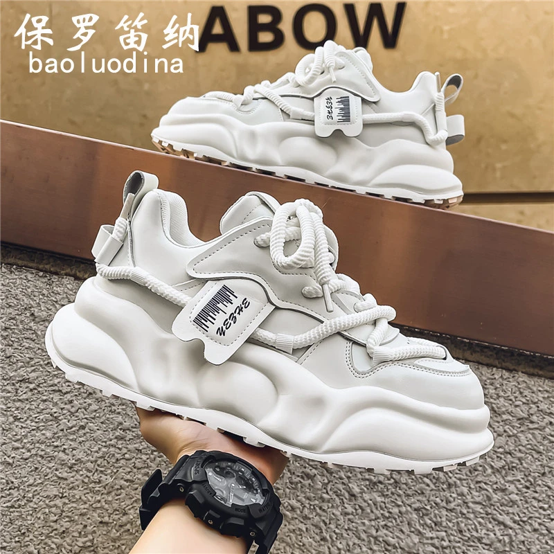 保罗笛纳男鞋夏季新款皮面休闲运动鞋男士增高老爹鞋时尚面包鞋子