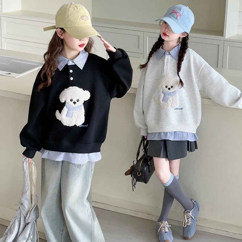 女童春款女孩假两件卫衣儿童洋气百搭学院风中大童套头上衣时尚潮