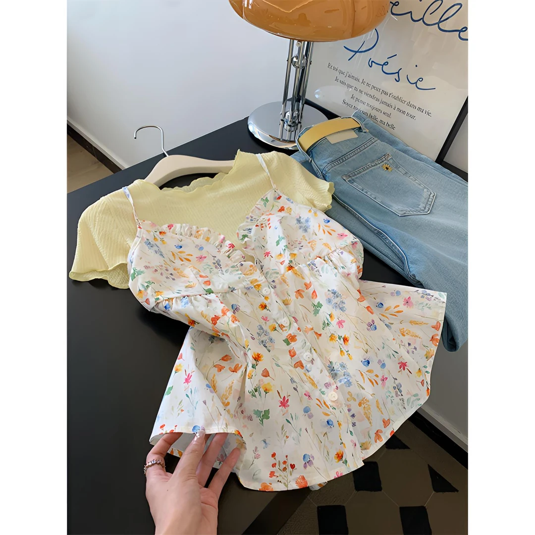 韩版气质v领碎花吊带背心＋百搭木耳边休闲小众短袖上衣套装女夏季