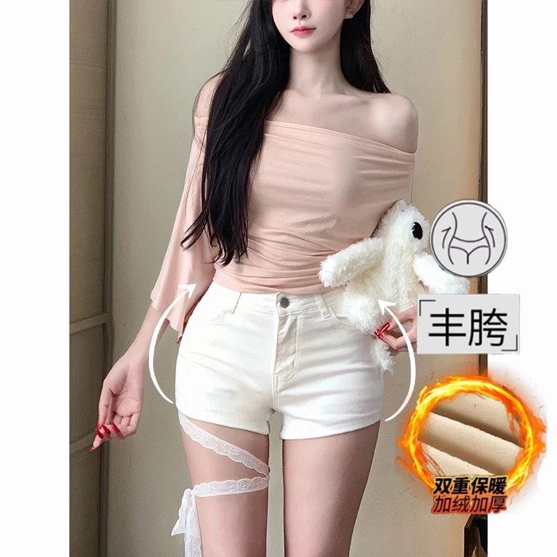 蕾丝绑带纯欲丰胯加绒小短裤女2025冬季性感高腰显瘦百搭牛仔热裤