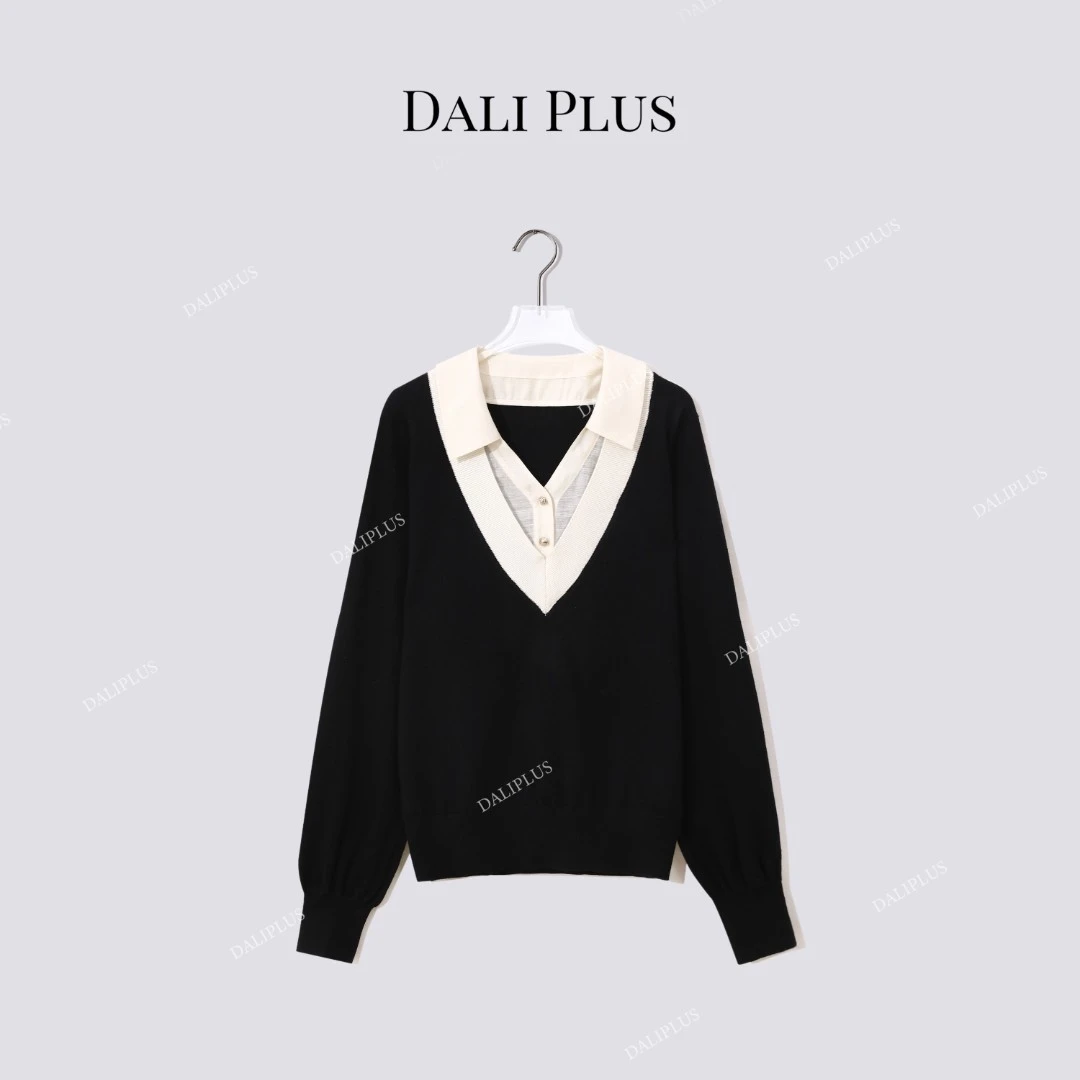 DALI PLUS“假两件撞色针织”莱赛尔麻长袖针织衫-D5ST1388