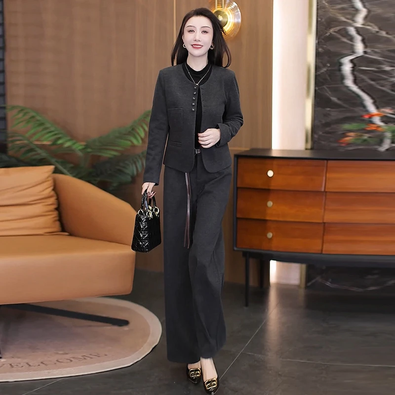 加棉加厚时尚套装女2025秋冬新款小香风呢子短款外套阔腿裤两件套