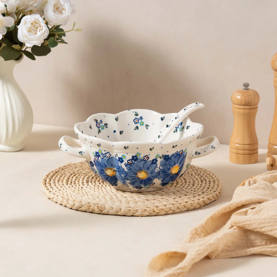 【勿忘我】手绘10.5英寸双耳彩绘琉璃汤锅欧式家用陶瓷加汤勺