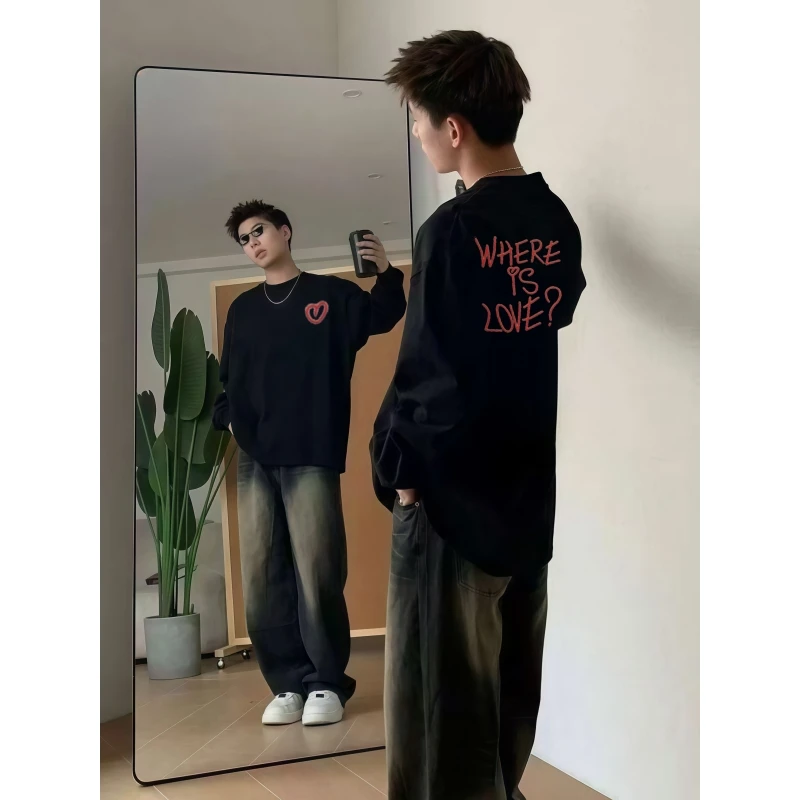 美式复古字母宽松印花长袖重磅T恤男秋季ins潮牌高街纯棉休闲打底