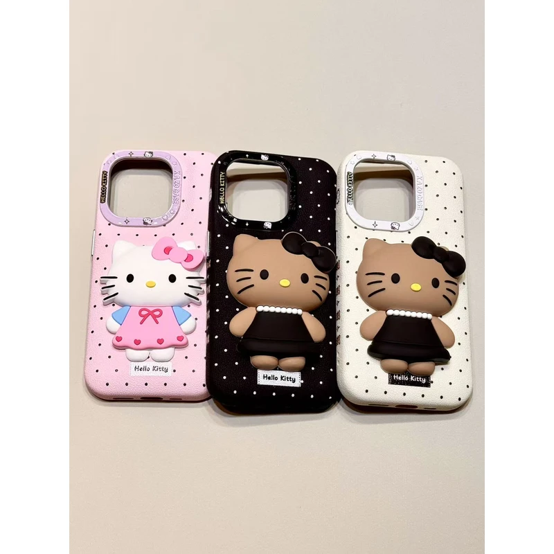 波点立体小香风粉裙猫咪适用苹果17pro鼓包皮纹手机壳15iphone16