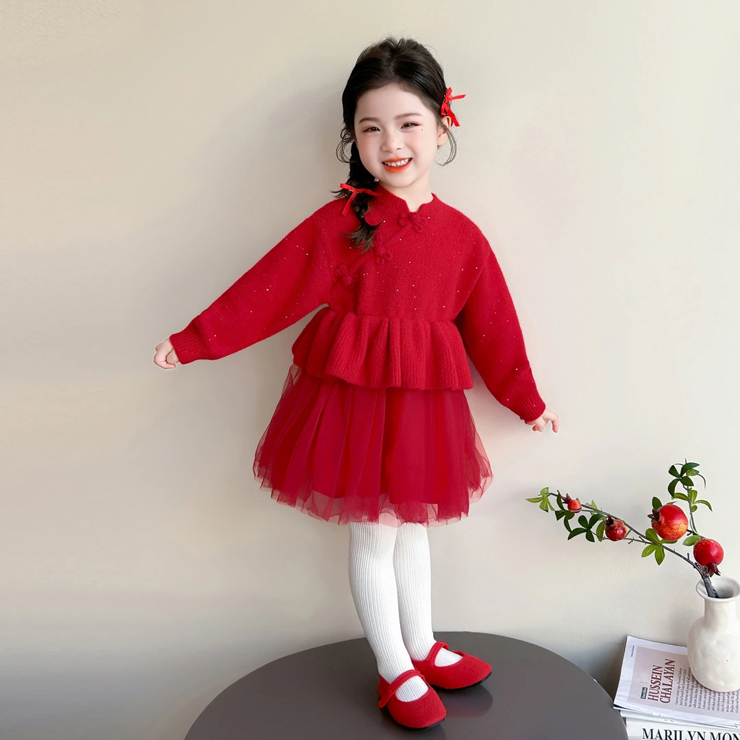 女童唐装连衣裙2025秋冬装新款毛衣裙女宝宝裙子女孩春秋款公主裙