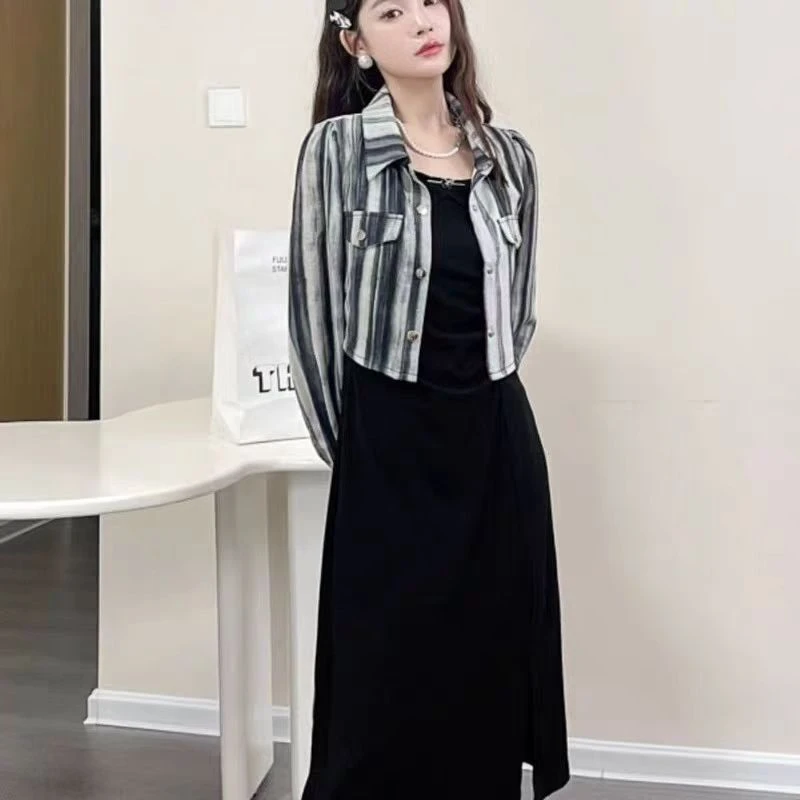 复古水墨衬衫外套开叉褶皱裙两件套女早秋时尚修身吊带连衣裙套装