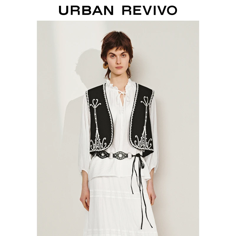 UR2025春季新款女装欧若风时尚复古休闲撞色刺绣V领马甲UWH150022
