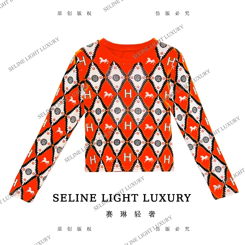 【25Q-675】七 2025 SELINE新款橙色菱形格小马时尚轻奢气质长袖T恤
