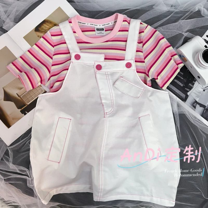 〖ANDI〗订制夏季新款女童条纹短袖背带裙两件套套装3925