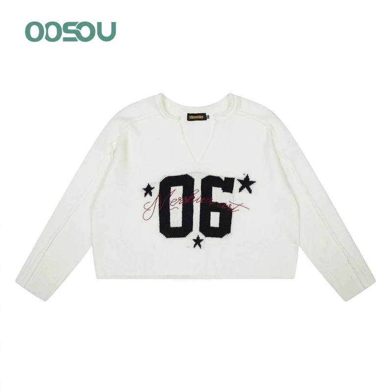 Sanowers美式复古数字打底V领针织毛衣女秋休闲百搭短款上衣外套