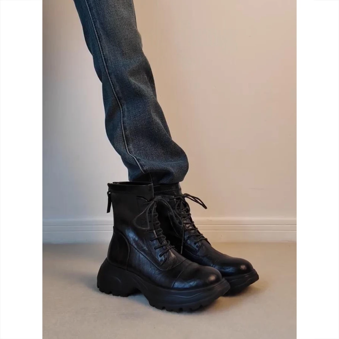 复古时尚英伦风厚底马丁靴女2025秋冬新款圆头系带增高瘦瘦靴短靴