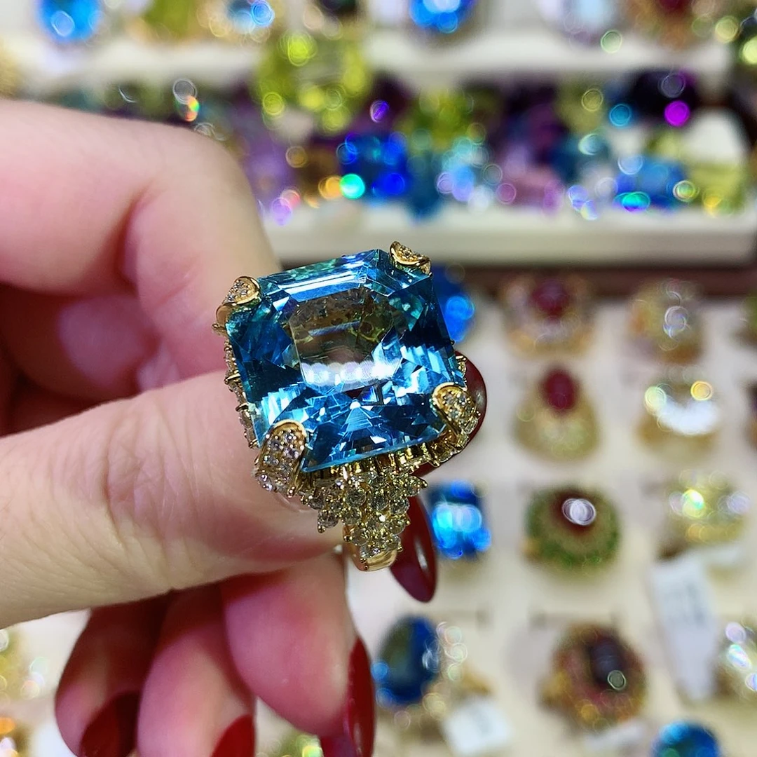 托帕石戒指银S925镀金镶嵌