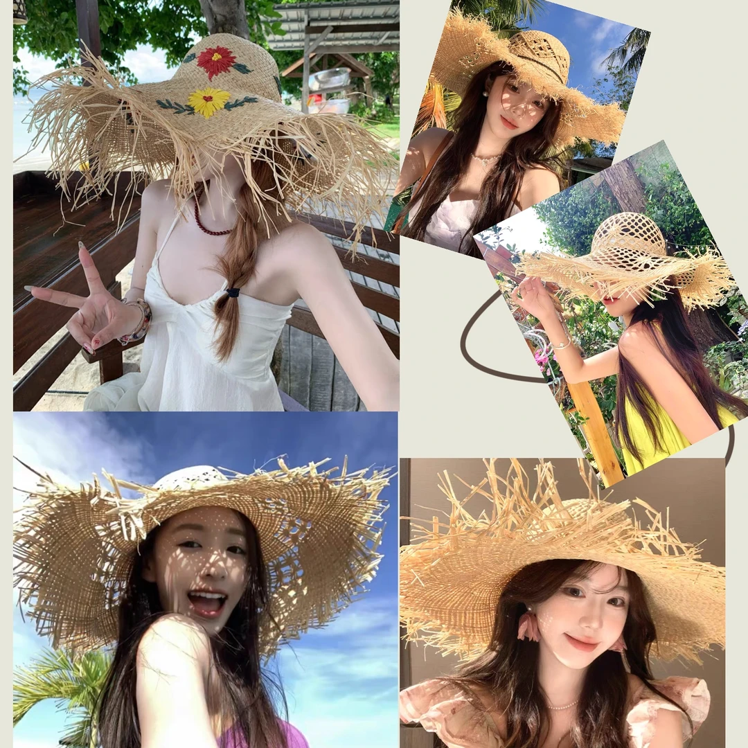 花朵编织拉菲草帽女夏季法式大帽檐遮阳防晒帽海边度假太阳帽子潮