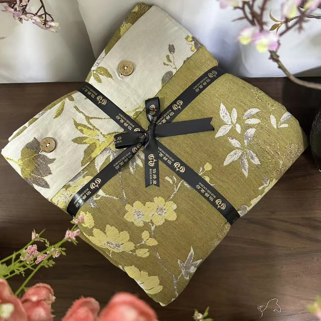 【单人椰壳扣被套】锦卉-黄咖色棉麻被套1.5*2米