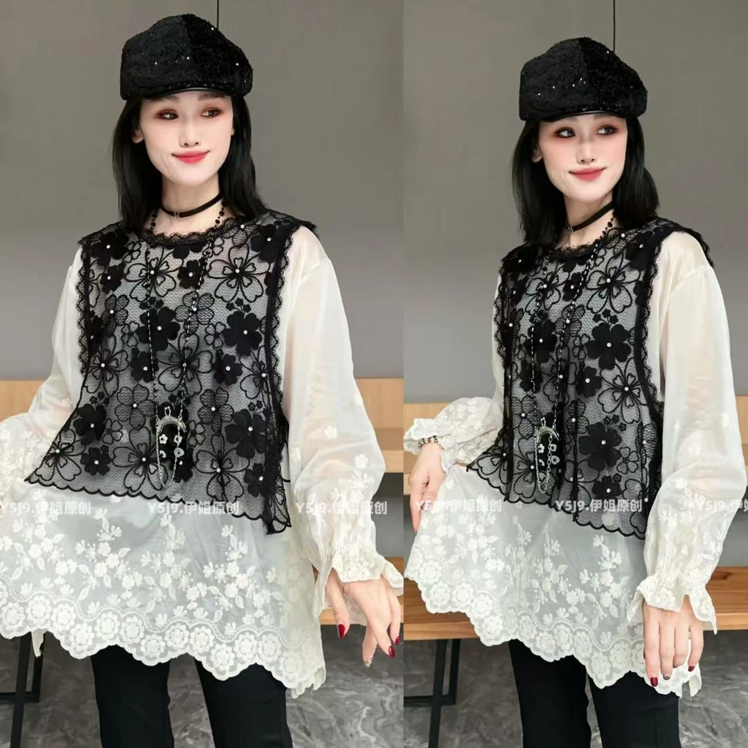 【YJ·高定】2025春夏新款时尚百搭假两件宽松蕾丝显瘦小衫女 YY1827