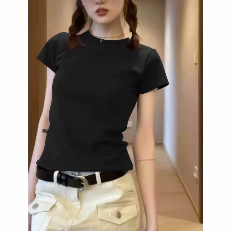8063#不规则微收腰短袖T恤女夏欧货弹力抽褶正肩显瘦圆领短款上衣