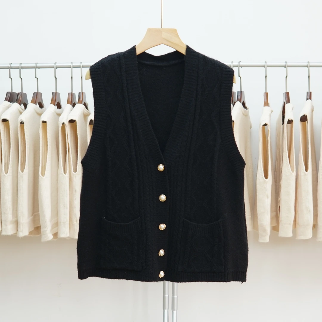 针织马甲两口袋女秋季纯色简约气质背心毛衣坎肩外搭上衣 316