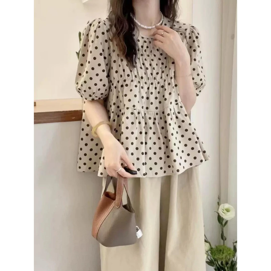 法式甜美圆领泡泡袖圆点短袖衬衫女夏季大码遮肚子显瘦娃娃衫上衣