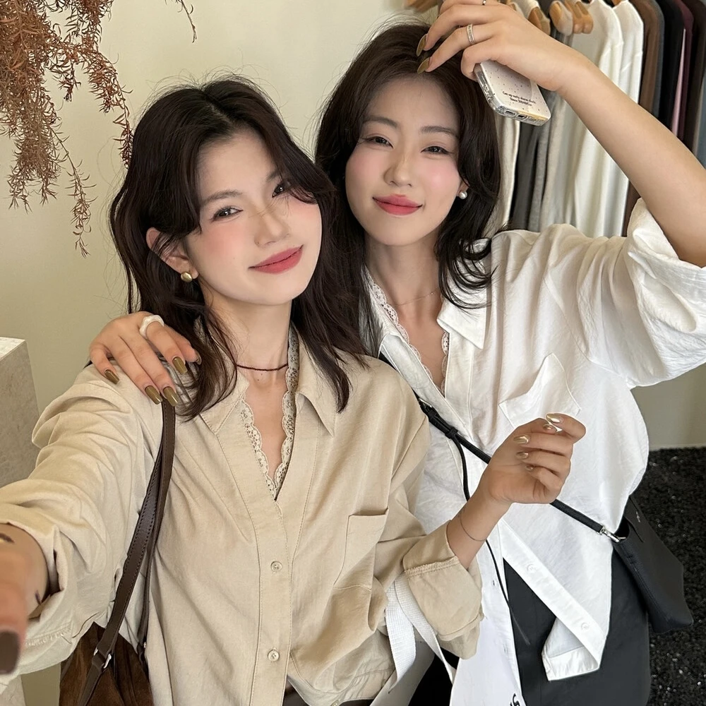 Cute Club 2025秋季新款甜美蕾丝拼接长袖衬衫女宽松休闲百搭外套