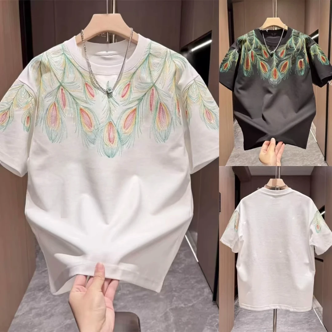 夏季新款国潮孔雀羽毛刺绣短袖T恤男士潮流休闲修身圆领半袖上衣