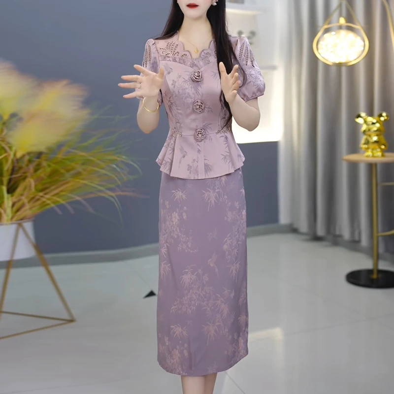 高级气质优雅妈妈连衣裙套装2025夏季新款镂空上衣半身裙子两件套