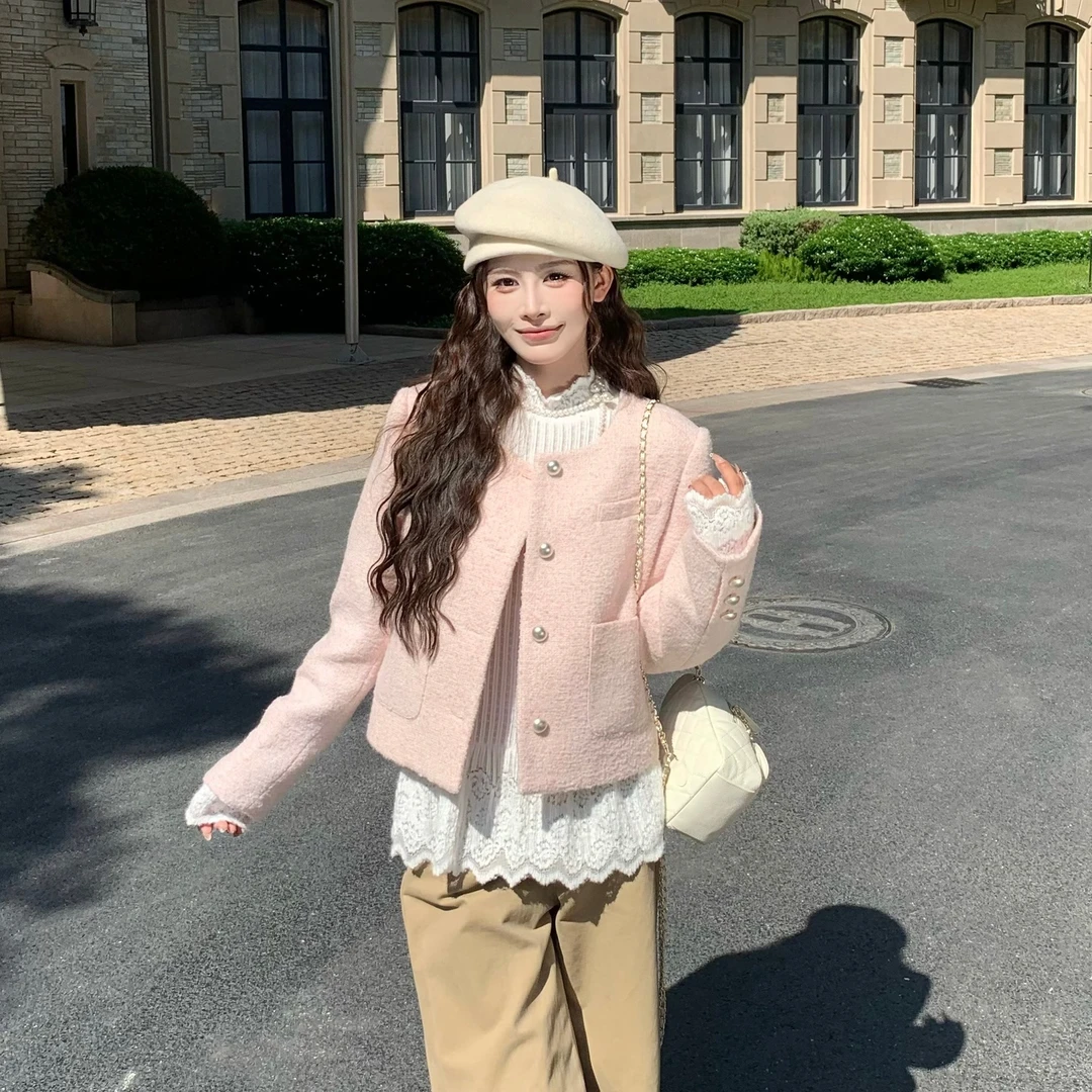 3MER 法式千金感粉色羊毛小香风外套女秋季休闲短款上衣