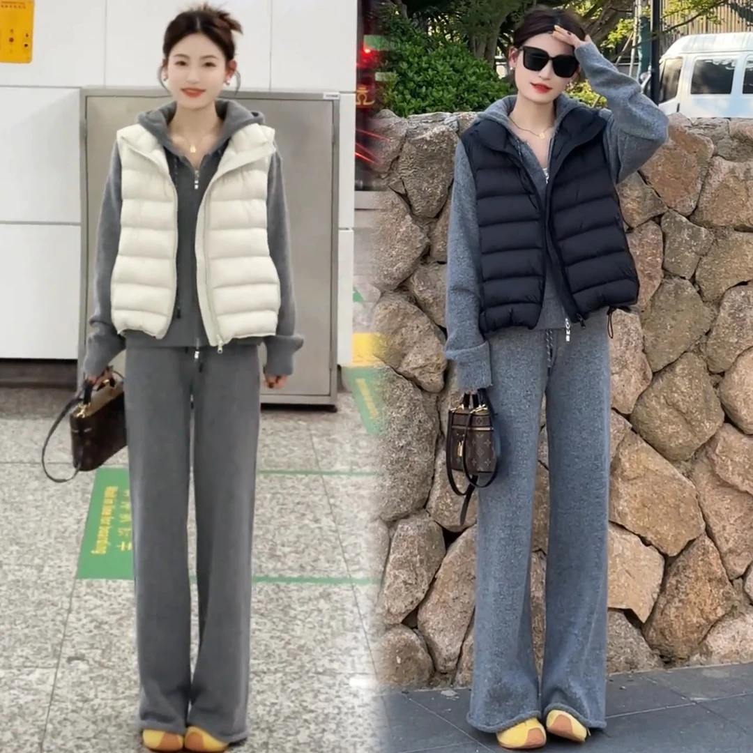 通勤休闲套装女2025秋季新款洋气显瘦连帽开衫马甲直筒裤三件套潮