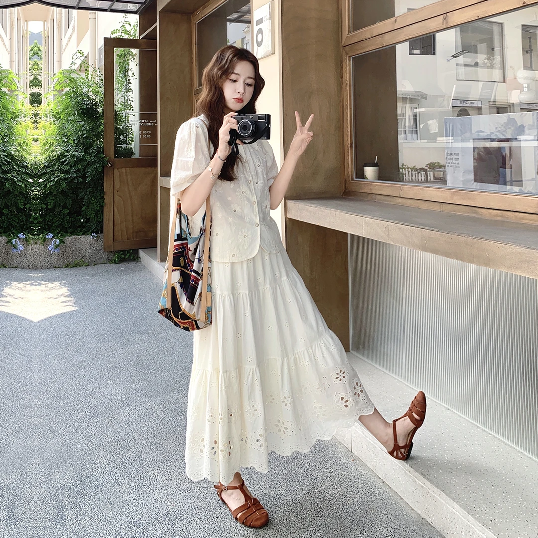 夏季穿搭大方得体气质减龄时尚套装女设计感蕾丝上衣半身裙两件套