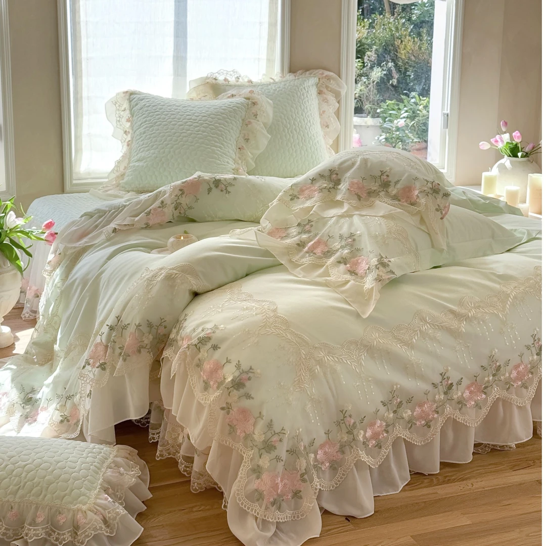 法式全棉长绒棉四件套轻奢蕾丝花边柔软纯棉被套床盖裙床上用品