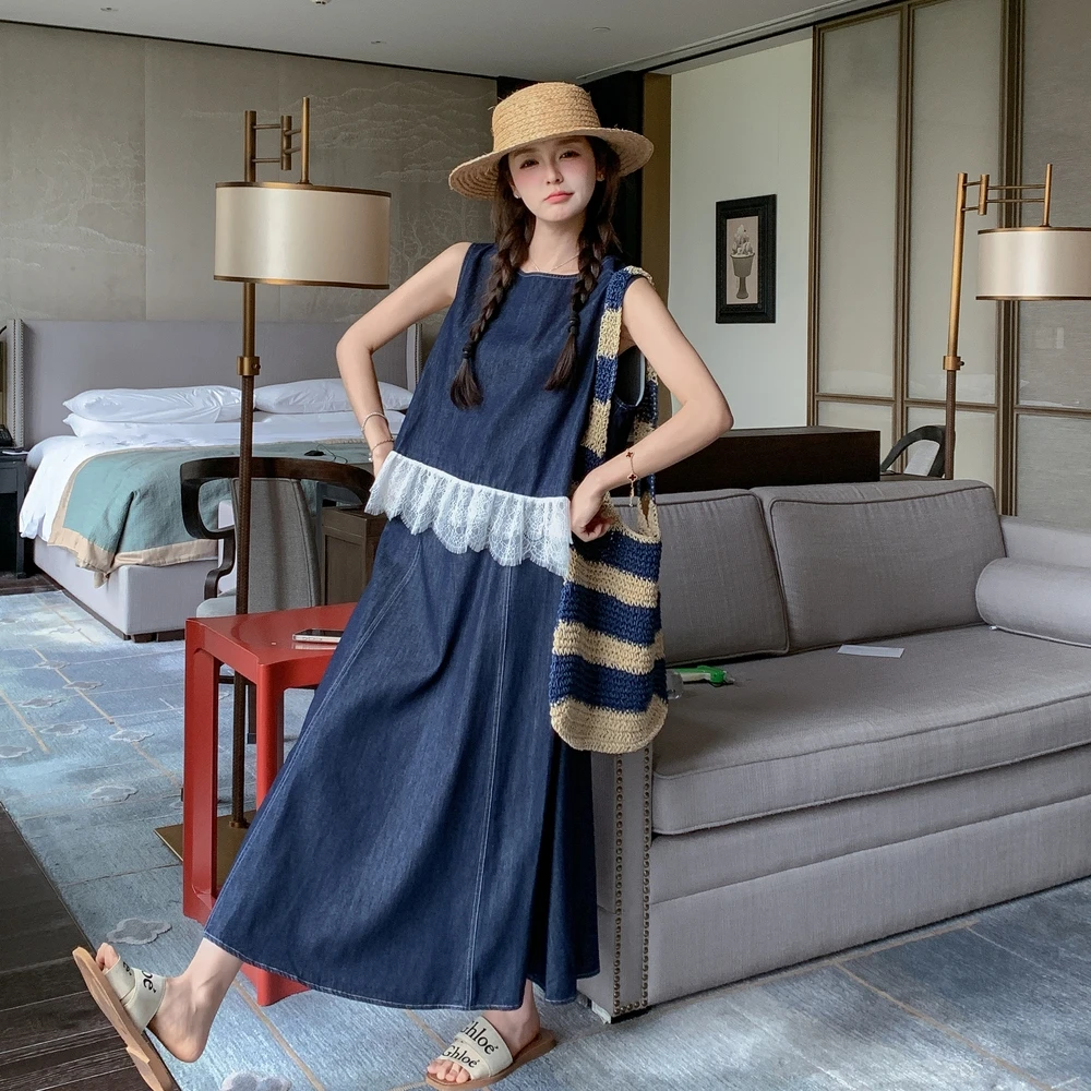 蕾丝拼接薄款软高腰牛仔马甲半身裙套装女夏季韩系减龄背心两件套