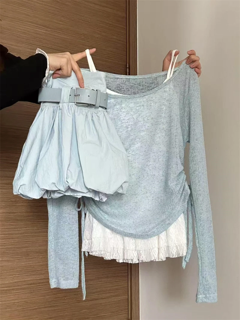 春夏纯欲风半身裙短裙气质高腰蓝色罩衫两件套装洋气减龄ins百搭