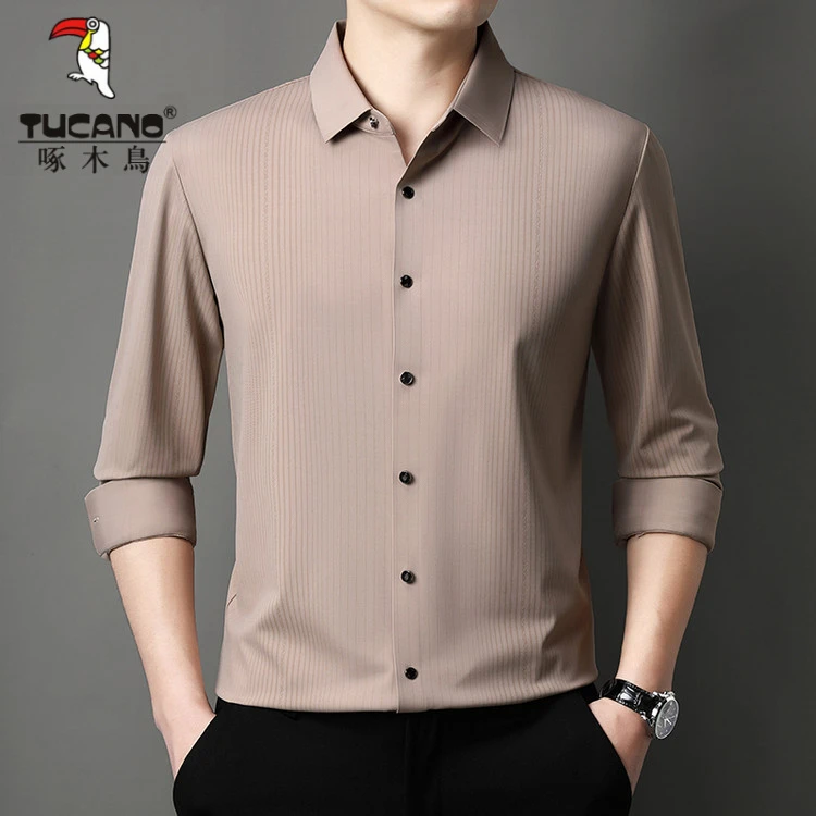 啄木鸟春秋高档锦氨凉感长袖衬衣中年时尚商务职业装无痕衬衫上衣