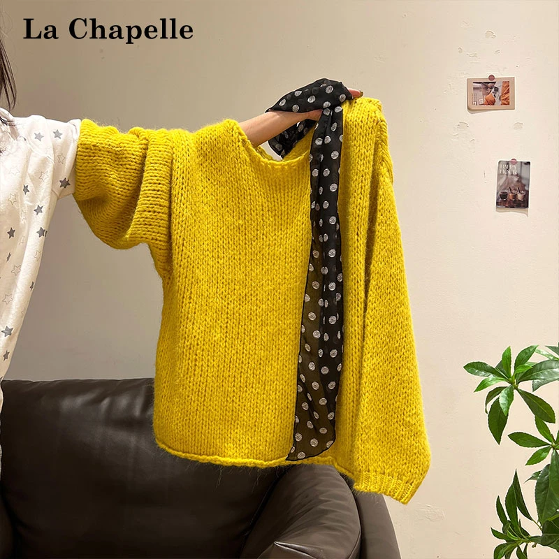 拉夏贝尔多巴胺波点丝巾拼接针织长袖T恤女秋季甜美风宽松小上衣