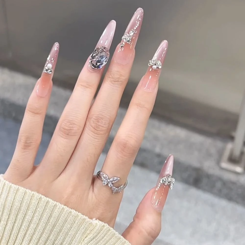 【粉蝶】紫色手工穿戴甲法式猫眼美甲渐变爆闪显白小众新款穿戴甲