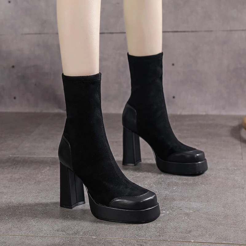 10CM时尚防水台粗跟女靴气质弹力显瘦高跟短靴不累脚时装靴325-8