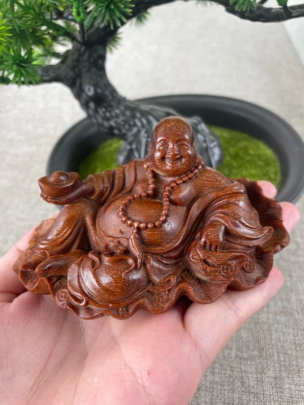 龙鳞满纹荷叶弥勒佛 木雕雕刻精品文玩把玩摆件