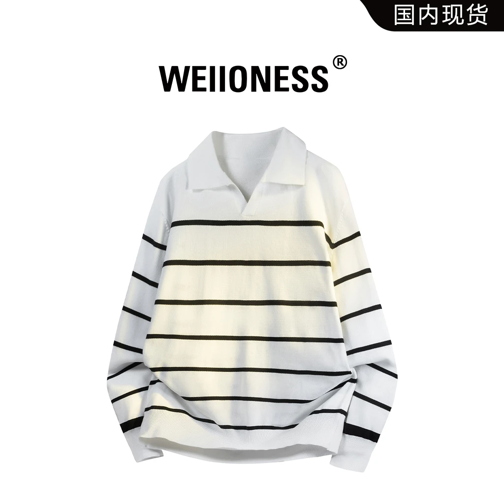 WEIIONESS日系极简风毛衣男秋冬潮流条纹polo领上衣时尚休闲男装