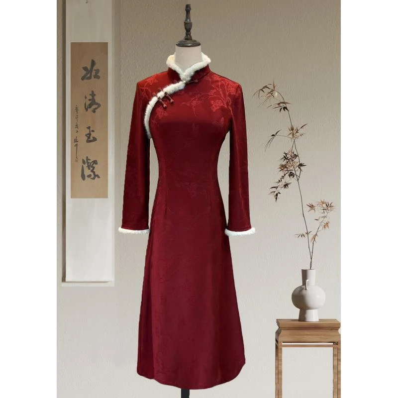苏故里【霜红】冬季新款新中式加厚气质旗袍日常款修身复古优雅