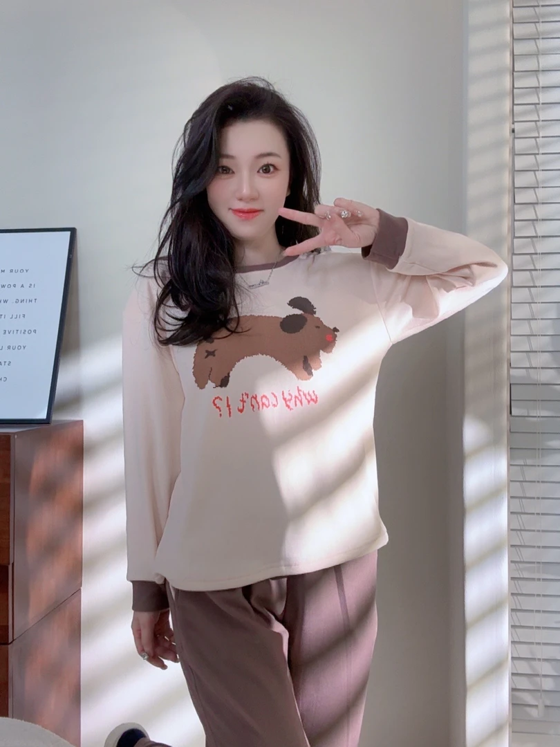 卡之恋睡衣德绒加绒加厚长袖秋冬季女学生两件套笑脸可外穿家居服